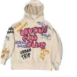 Zara Graffiti Print‎ Hoodie Cream Oversized Size 9 Lovely Fun Club Urban Trip